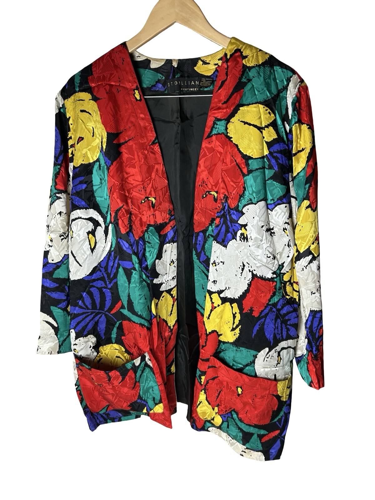 Kay Unger St Gillian Silk Open Blazer Satin Cardigan Size 22 Red Floral Pockets