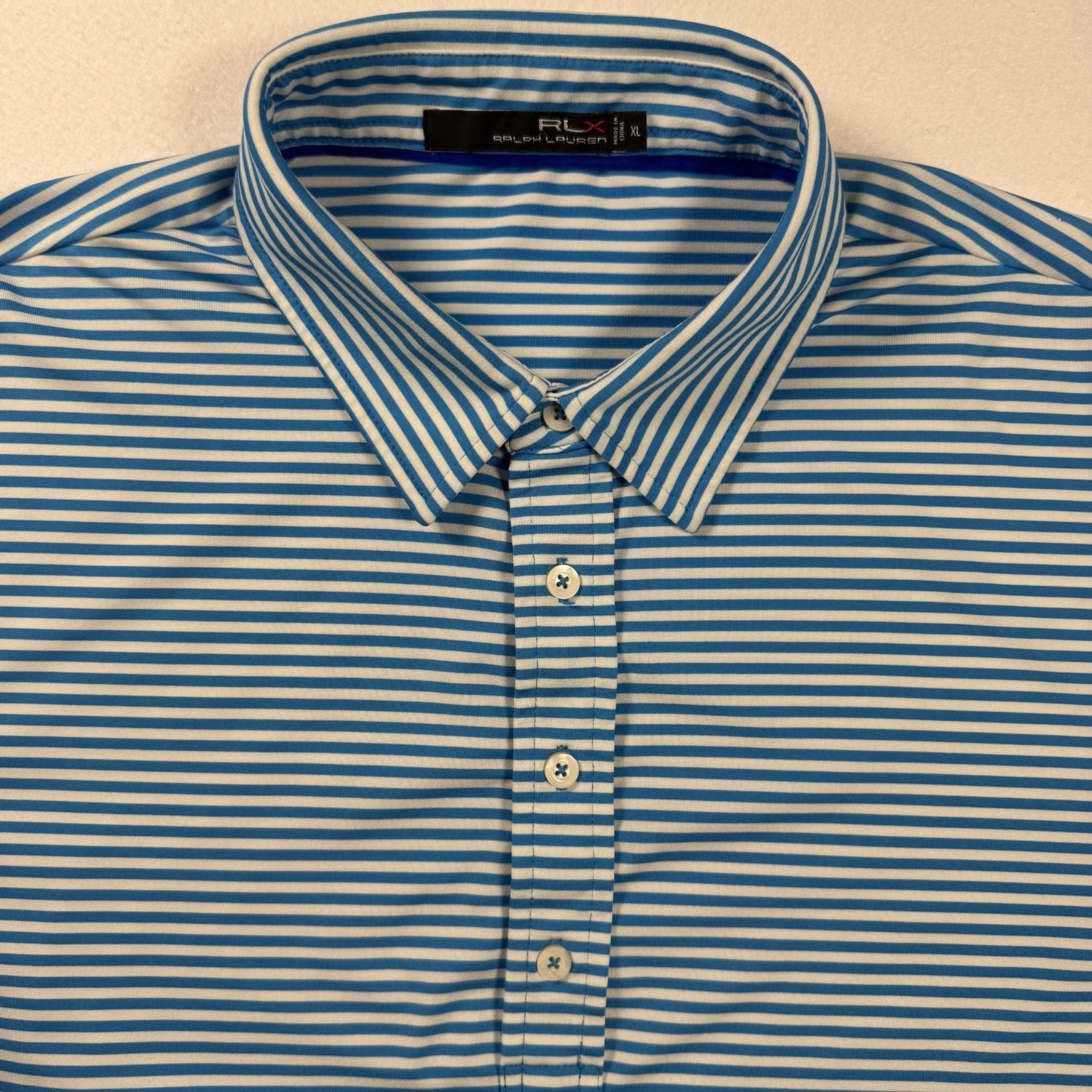 RLX Ralph Lauren Men’s XL Blue White Striped Performance Golf Polo thumbnail 4