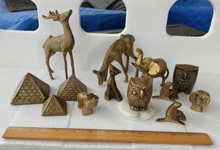 Vintage Solid Brass Animal Figurine Lot of 13 Deer Elephant Owls Cats