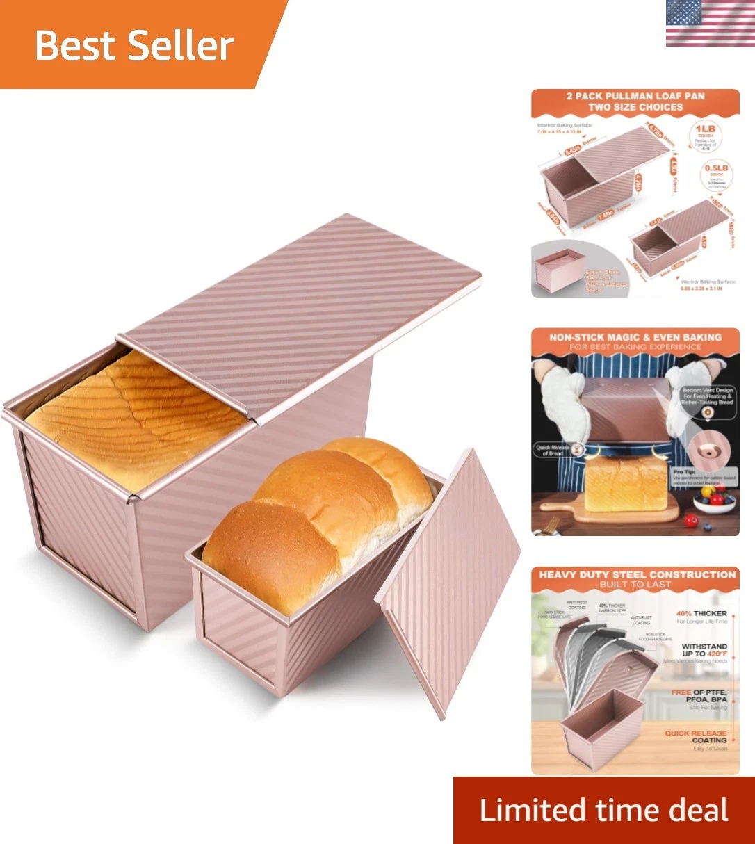 2 Pack Pullman Loaf Pan with Lid, 1 lb/0.5 lb Dough Capacity, Non-Stick Sand...
