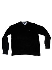 Tommy Hilfiger Mens Black V Neck Cotton Sweater Size L Embroidered Logo