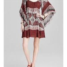 Free People Flowy Boho Mixed Pattern Bell Sleeve Open Neck Mini Dress Tunic XS