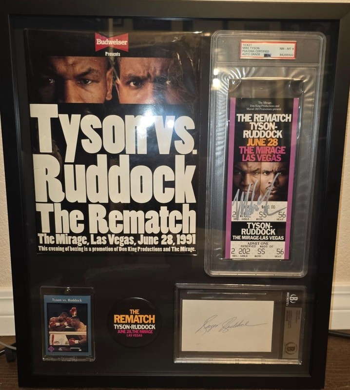 Mike Tyson vs Ruddock Framed: Tyson signed Ticket PSA8, Ruddock Index card