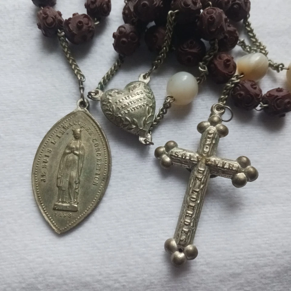 Grand Chapelet Ancien Bois Sculpté 81cm XlXe Siècle  - Photo 3/4