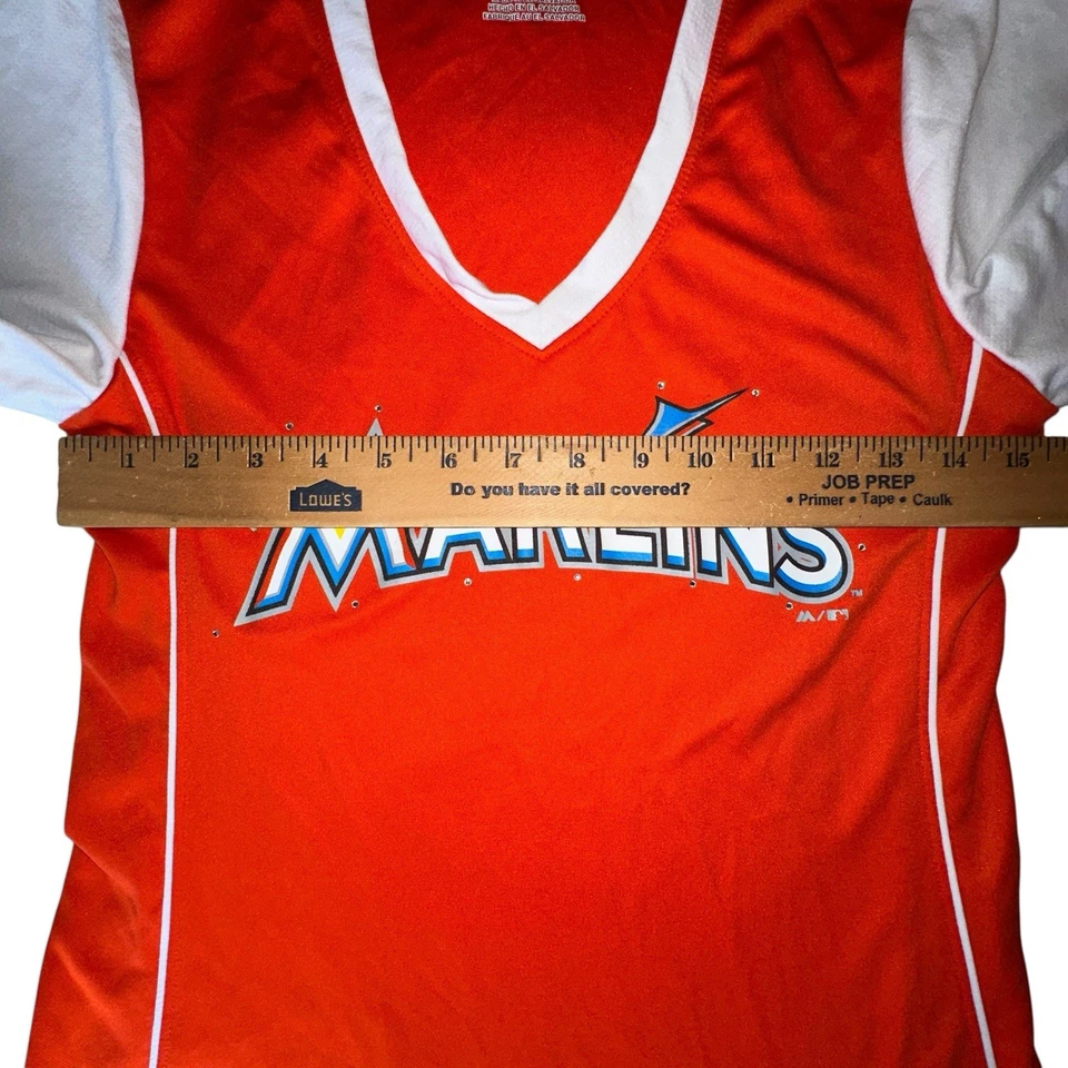 Camiseta de béisbol para mujer Majestic MLB naranja y blanca de los Marlins - talla mediana Foto 3 de 4