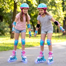 4-Size Adjustable Illuminating Roller Skates with Light Up Wheels for Ages 9-14