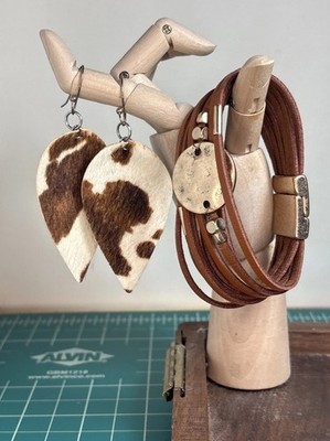 Cow Hide Print hair-on-hide Leather Teardrop Earrings & Brown Bracelet Set