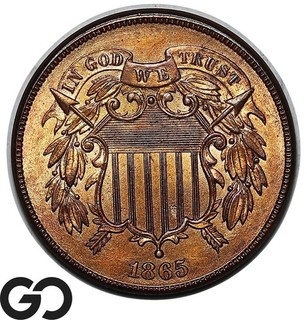 1865 Two Cent Piece Fancy 5 Flashy Gem BU RB Lustrous Red Brown