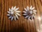 Vintage Judy Lee 1 1/2" Rhinestone White Milk Glass Floral Clip On Earrings EC
