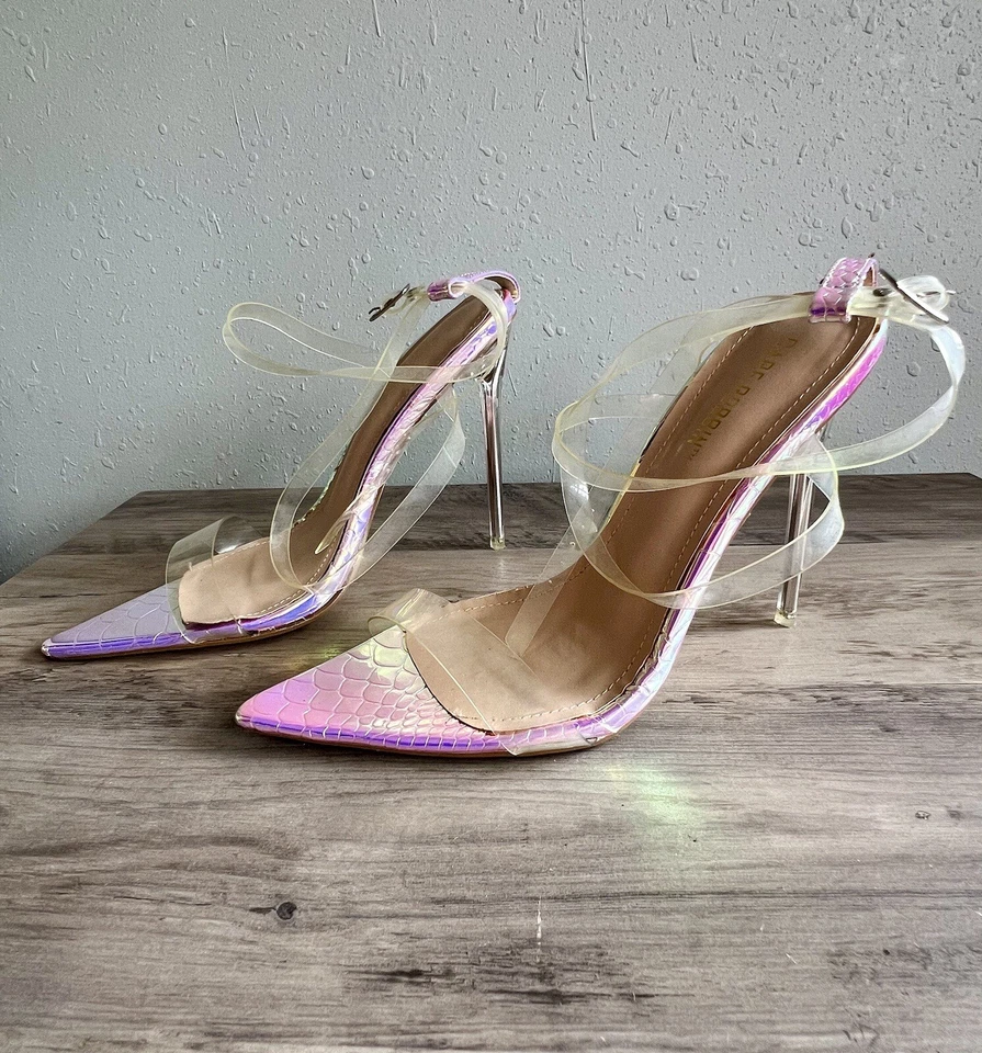 Zapato Cape Robbin PIEL Transparente Correas Entrecruzadas Stiletto Tacones Altos Talla 6M Foto 3 de 4