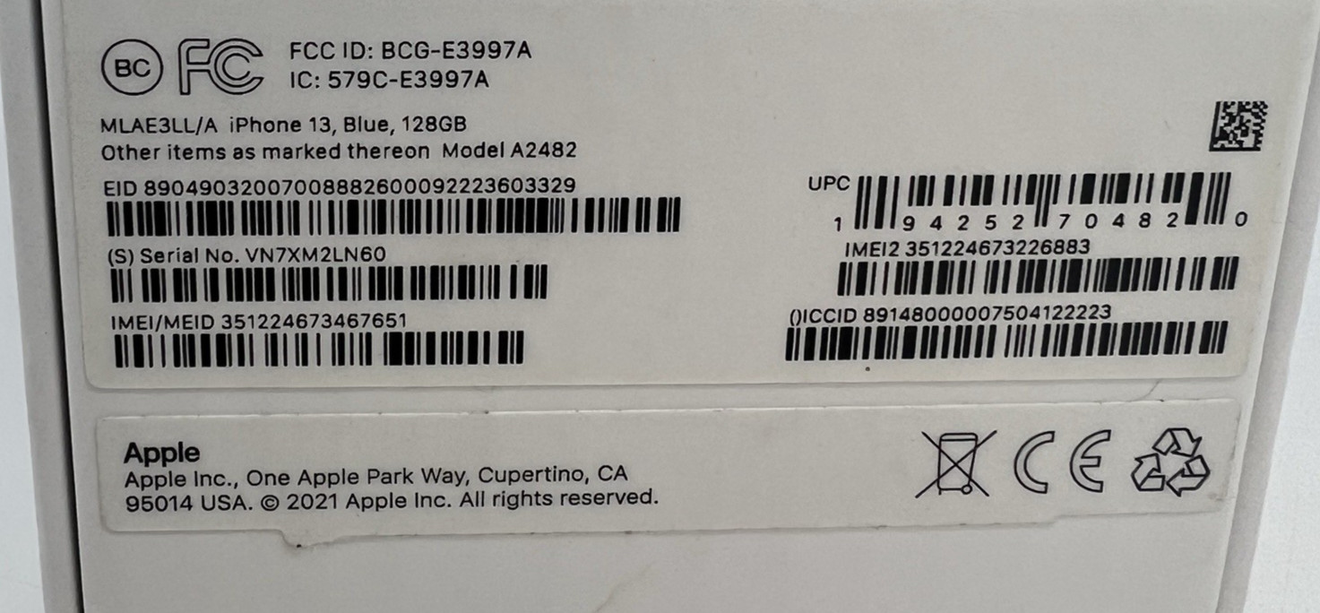 EMPTY RETAIL BOX ONLY ML9C3LL/A Apple iPhone 13 Blue 128GB Storage Model A2482 