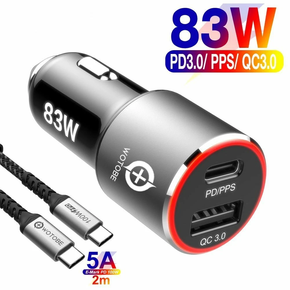 83W Car Charger USB C PPS PD QC 3.0 for TYPE C Thunderbolt 3 Laptop Phone  Cable