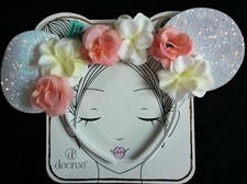 NWT Decree Girl's Plastic Headband w/Pink White Flowers and Sparkle Ears