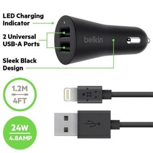 Belkin 4 8 A Dual Chargeur Voiture Avec 1 2 M Lightning Cable Pour Iphone Ipad Noir Ebay
