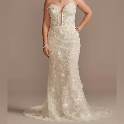 Galina Signature 3D Floral Applique Plunge Sheath Wedding Dress Solid White NWT