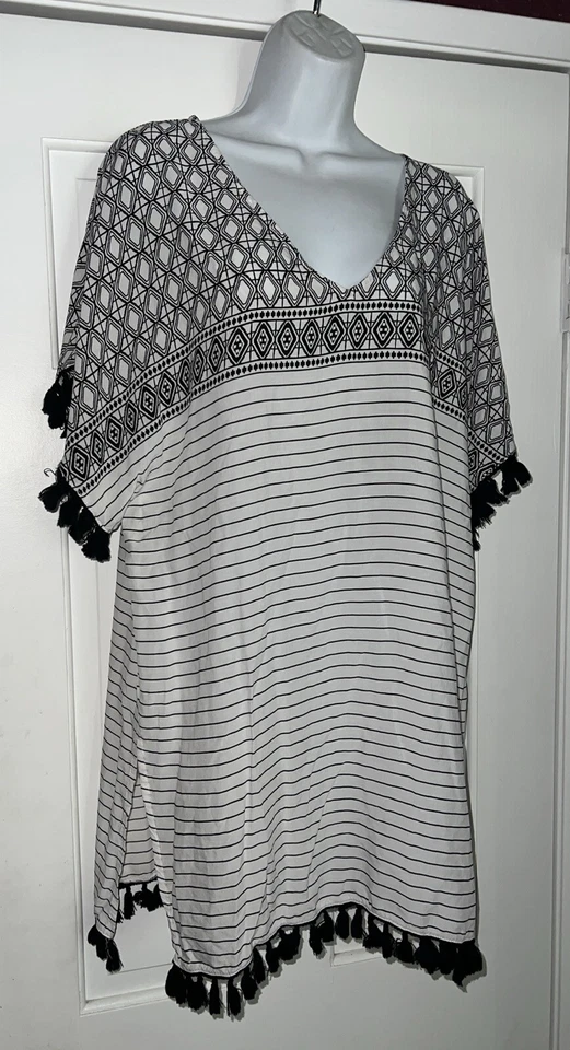 Merona Natación Cubre Mujer Talla Mediana Blanco Azul Borla Borla Playa Foto 2 de 4