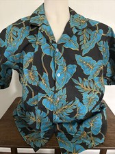 NOS Vintage Men's Hoku Hawaii Blue Floral Hawaiian Shirt Made In Hawaii Size L