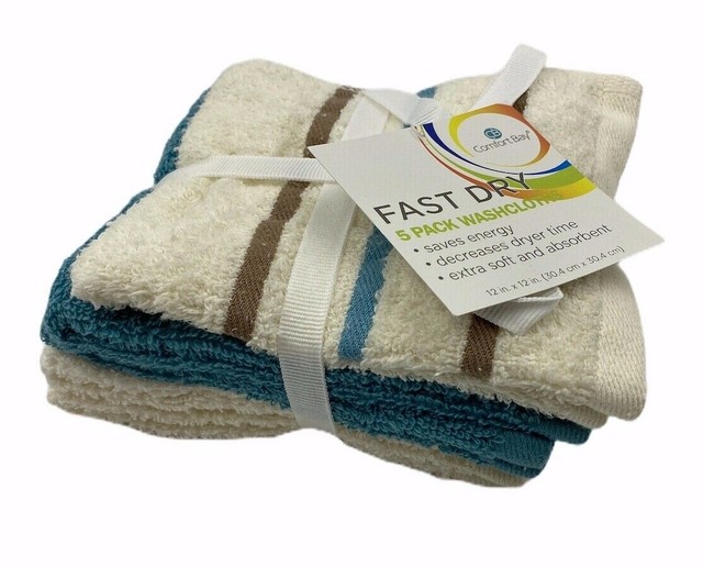 Comfort Bay Fast Dry 5 Pack Washcloths Soft and Absorbent 12 in x 12 in