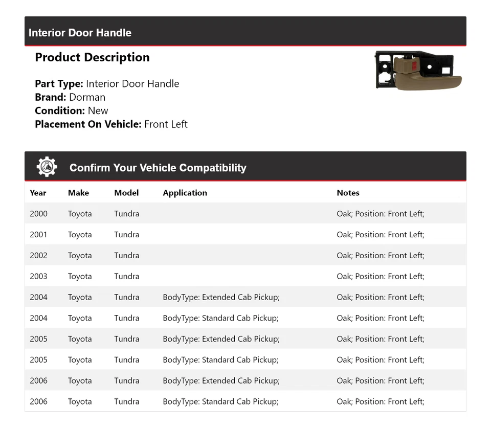 Manija de puerta interior delantera izquierda para Toyota Tundra Dorman 2000-2006 2001 2002 Foto 2 de 4