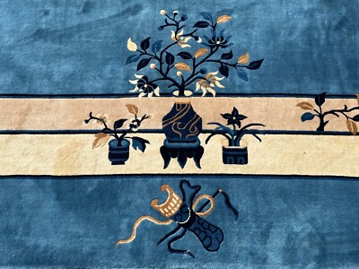 11x18 Vintage Art Deco Chinese Handmade Area Rug Blue High Quality