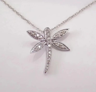 1Ct Round Cut Real Moissanite Dragonfly Pendant 14K White Gold Plated Free Chain