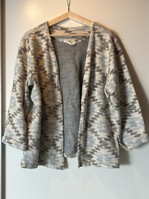 H&M Damen Strick-Cardigan offen geometrisch Grau/Beige 3/4 Arm Gr. M/L