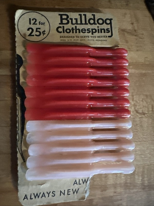 Vintage 1950’s Plastic Bull Dog Multicolor Clothes Pins NOS Set of 12
