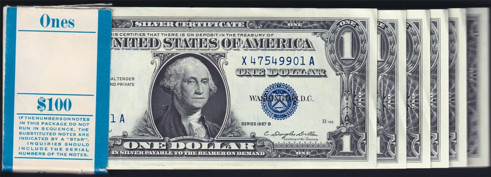 USPC TWO (X2) FR 1621 $1 1957B SILVER CERTIFICATES, UNC (GEM) WITH SEQ SERIAL#'s - Image 3 of 4