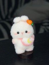 OOAK Micro Crochet Fuzzy White Bunny Magnetic Head Bib Carrot Pin Wooden Stand