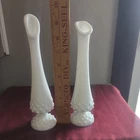 Pair of Fenton White Hobnail Milk Glass Stretch Swung Footed Bud Vase