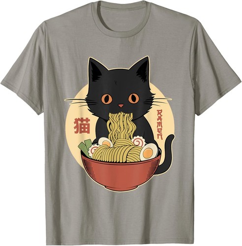 Cat Ramen Funny Graphic Tees Japanese Kawaii Cat Anime T-Shirt - Picture 11 of 12