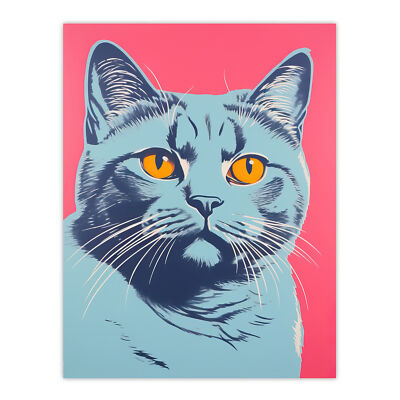 British Shorthair Cat Blue On Coral Pink Bold Vibrant Retro Art Poster Print