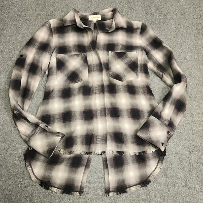 Cloth & Stone Shirt Womens XS Black Grey Flannel Plaid Split Back Frayed Hem 