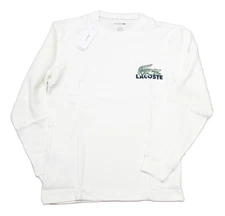 Lacoste Sleepwear Men's White Logo Waffle Knit Thermal Long Sleeve Lounge Shirt