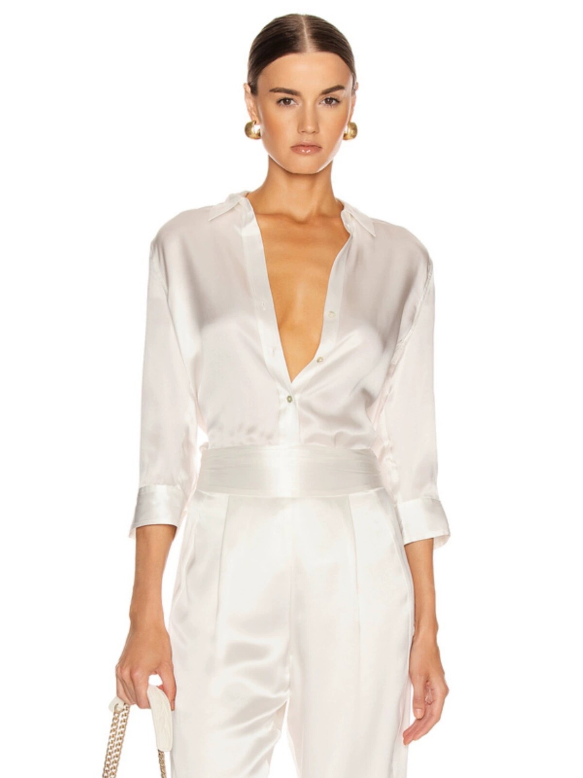 Women L'Agence Silk Crepe Satin Plain 3/4 Sleeve Shirt Top White