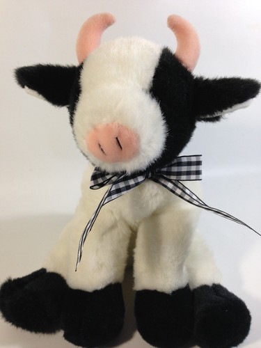 Bearington Plush COW Bessie Black White Stuffed Animal Bean Bag Toy Pink Horns - Picture 2 of 8