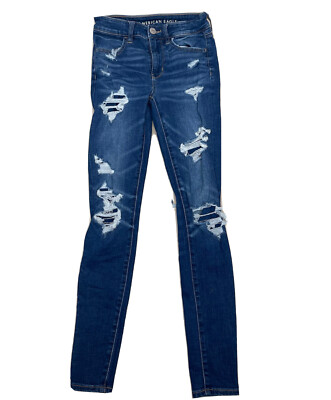 American Eagle Women Jeans Sz 2 Reg (27x28) Stretch Hi-Rise Jegging Distressed