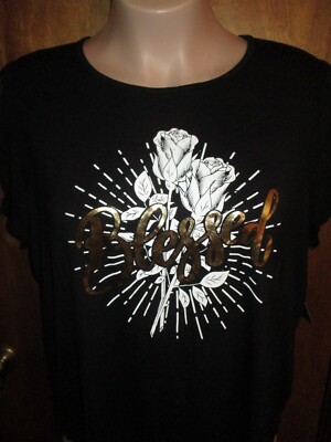 New with tag Ava James Women's Size 3X White Roses, Gold ''Blessed'' Tee Style Top