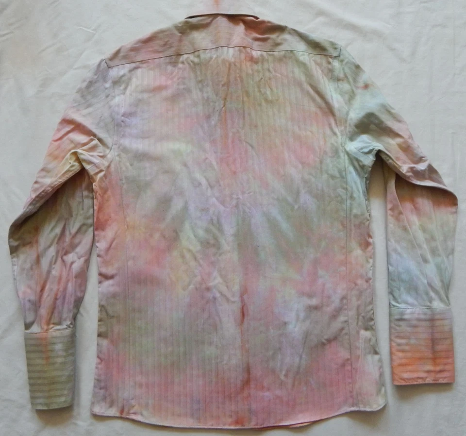 Tie Dye Green Pink Long Sleeve Dress Shirt - Medium Mens Hand Made French Cuffs - Image 2 of 4