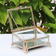 Vintage bevelled glass jewelry box with hinged lid, 5.7x4.3x2.7 inches, souve...