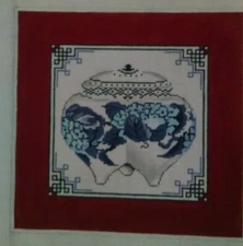 Blue Cachepot with red border Handpainted Needlepoint Canvas
