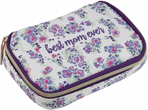 Mary Square lila Blumen Best Mom Ever veganes Leder Mini umlaufender Reißverschluss Pillendose