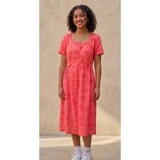 Vintage 90s Erika Floral Button Front Dress Coral Pink Cottagecore Prairie Sz LG
