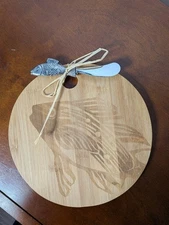 BAMBOO Fish Engraved Round Cheese Board & Metal Knife Set NWT Nautical Cottage