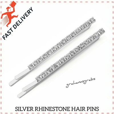 2 SILVER  CRYSTAL RHINESTONE HAIR CLIPS BOBBY PINS BLING SPARKLE NEW IN PACKAGE