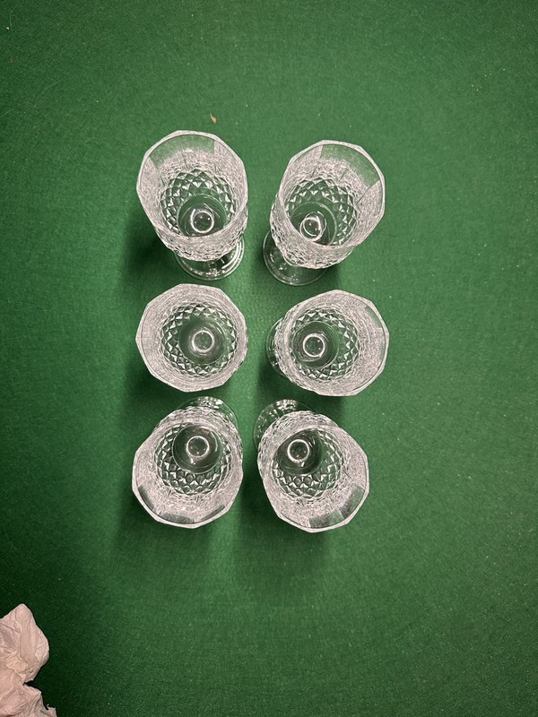 6 Vintage Cut Crystal Small Wine Sherry Glasses Flared Octagonal Faceted Stem