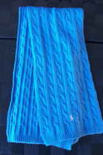 Ralph Lauren Mid-Blue Cable Knit Scarf w/Pink Pony Logo Cotton/Wool/Nylon