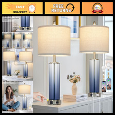 Set of 2 Coastal Blue Glass Table Lamps - 3-Way Dimmable Touch Control, USB Port