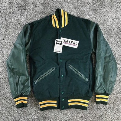 Vintage DeLong Varsity Jacket Mens XS Green Wool Leather Snaps Blank