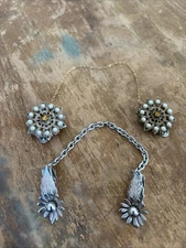 2 Vintage Cardigan Sweater Clips Connected By Chain. Silver And Gold Tone